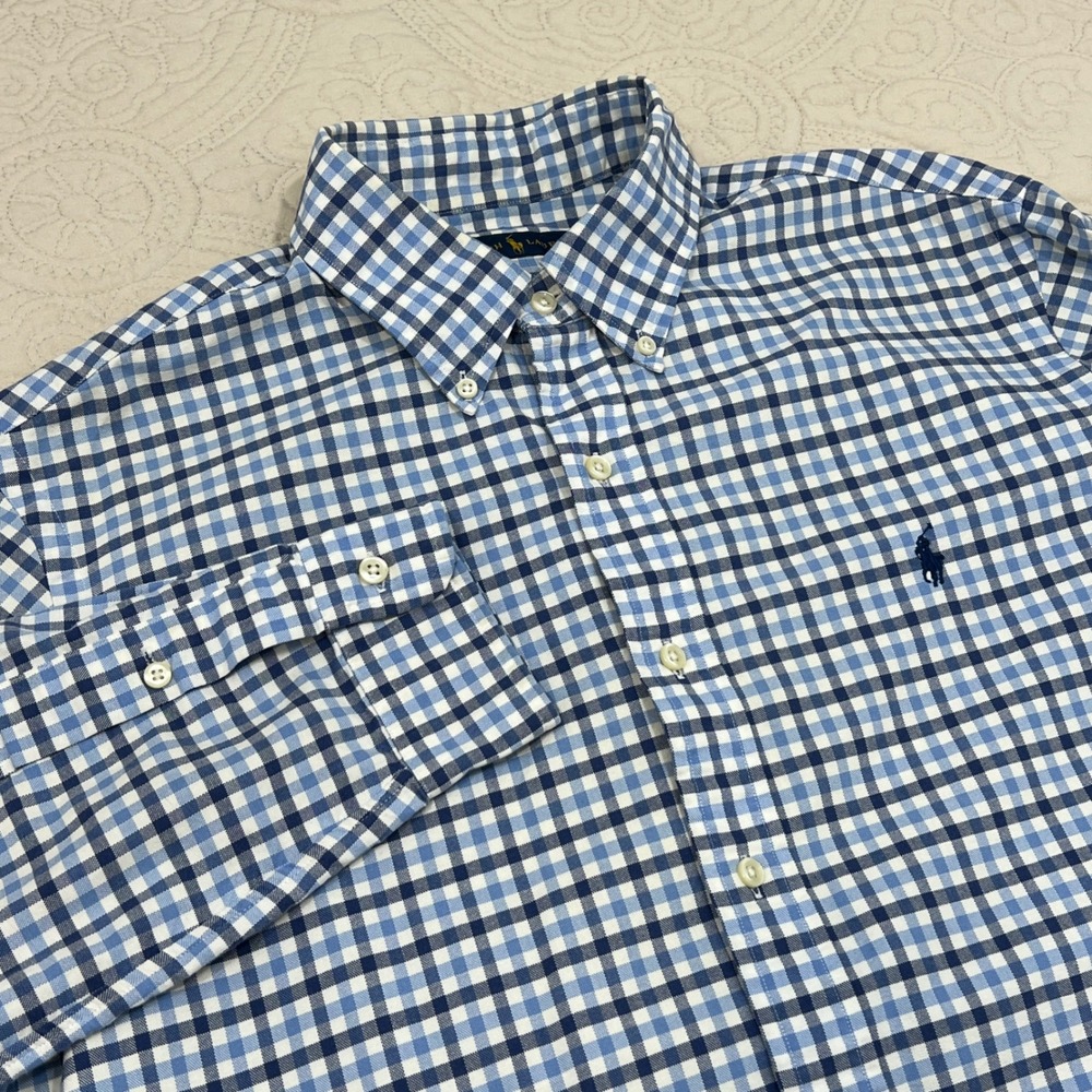 Polo Ralph Lauren Mens Large Blue White Gingham Check Cotton Button Down Shirt